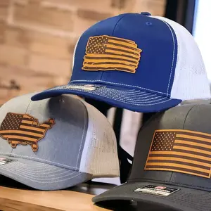 American Flag Hat, USA Trucker Hat with American Flag, Leather Patch Hat, Snapback Richardson 112 Cap