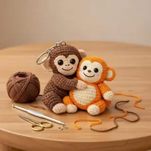Crochet Monkey Keychain, Amigurumi Hugging Plush, Cotton Yarn Bag Charm