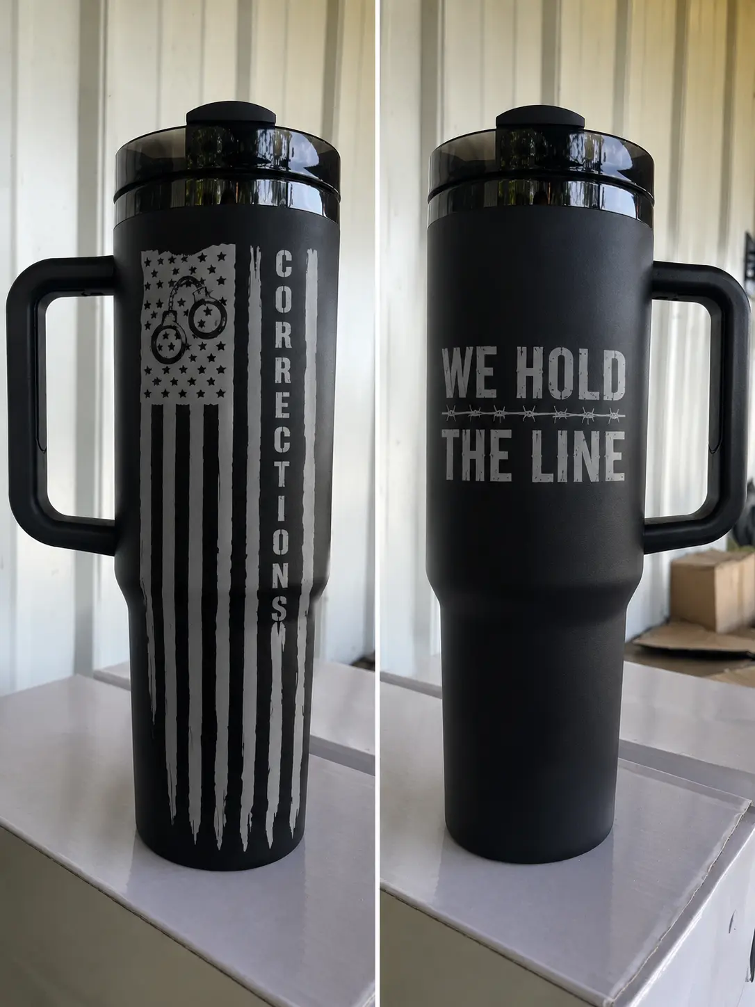 40oz Stainless Steel Insulated Tumbler with Straw, Custom Laser Engraved Portable Flask for Corrections Officers, "We Hold The Line" Design, Appreciation & Retirement Gifts with Lid