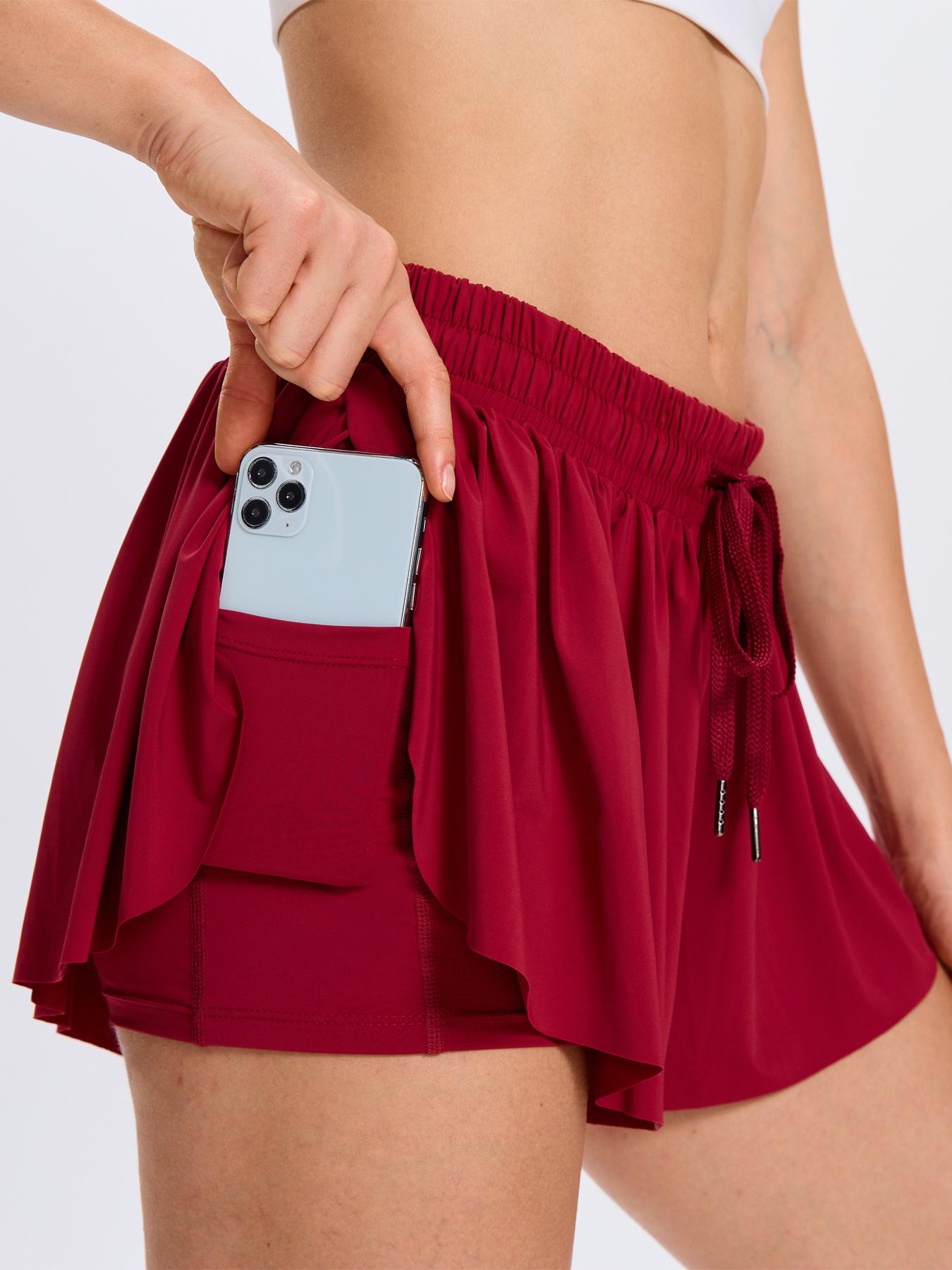 Women's 2-in-1 Flowy Athletic Skort, High Waist Tummy Control Tennis Shorts with Pockets, Elastic Drawstring Running Shorts for Gym Workout Casual Summer