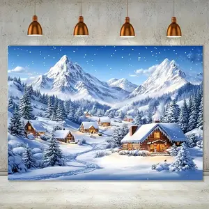 1pc 2D Flat Rustic Winter Wonderland Backdrop, Christmas Village & Snow Forest Scene, Durable Polyester, No Electricity Needed, Indoor/Outdoor Holiday Decor, General Fit