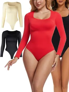 Women's Solid Color Square Neck Long Sleeve Bodysuit, Casual Comfortable Body Hugging Shapewear, Suitable for Daily Wear, All Seasons