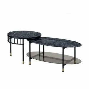 Modern Black Marble Coffee Table Set with Gold Accents and Glass Shelf for Living Room Decor