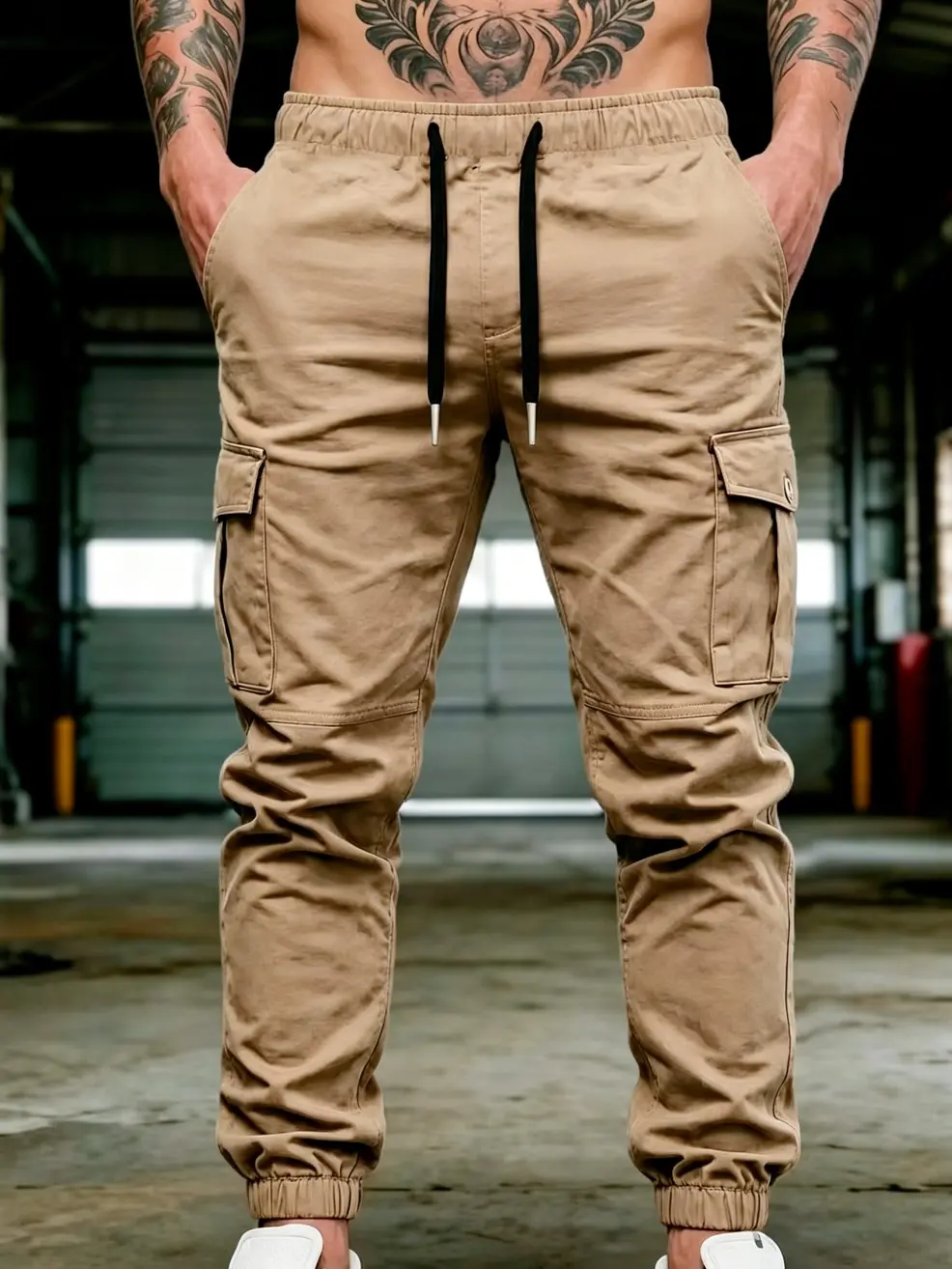 Men's Khaki Cargo Joggers with Knee Seams - Stretch Utility Tactical Pants with Flap Pockets & Drawstring Waist, Casual Streetwear Sweatpants, No-Logo, S-2XL, Fast US Shipping #KhakiCargoJoggers #MensUtility #TikTokMadeMeBuyIt