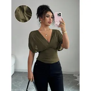 Women's V Neck Ruched Slim Fit Solid Color Blouse, Summer Short Sleeve Fitted Top, Casual Fashion Shirt for Women trendy