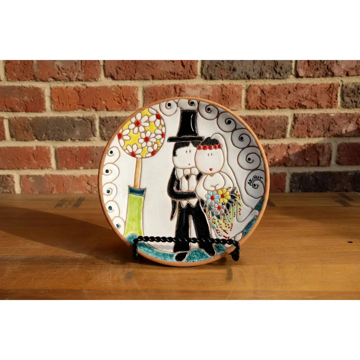 Handmade Enamel Ceramic Geometric Plate - 6" D, 10 oz, Black Tuxedo Design with Hand-Engraved Tree & Dot Details, Naïve Art Collectible Pottery, Wedding/Anniversary Newlywed Gift, Bedside Table Room Decor, Flowers