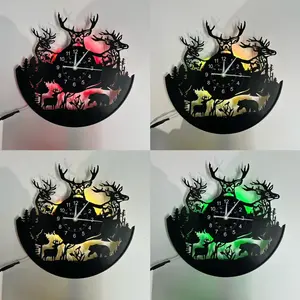 Vintage Forest Deer Theme vinyl wall clock, Silent Wall Clock, Creative Decorative Clock, Christmas And Easter Themed with colorful LED display, Suitable For Home, Office, Bar , Home Décor, Living room and bedroom, Christmas, Valentine's Day