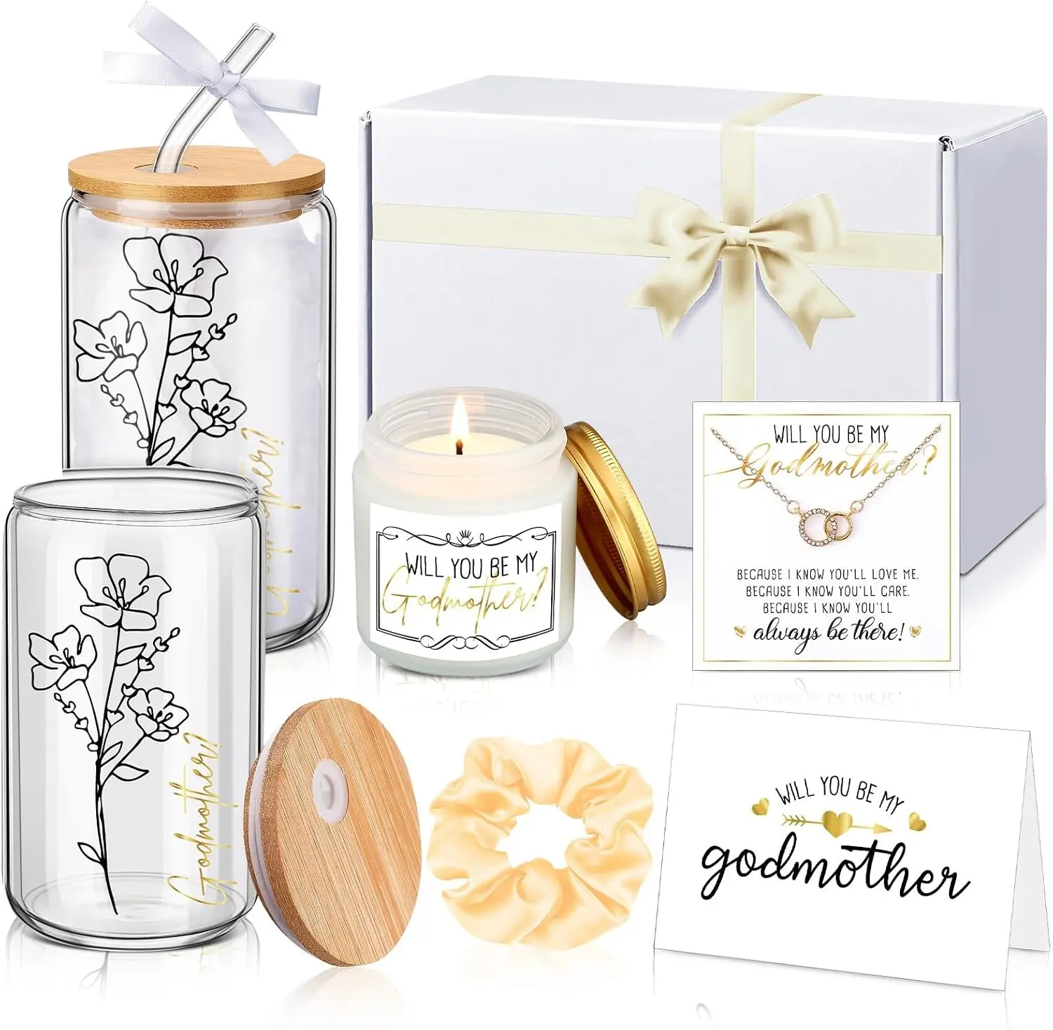6 Pcs Godmother Proposal Gift Set, Will You Be My Godmother Gift Box, 16oz Glass Cup, Necklace & Scented Candle from Godchild for Baptism Mother’s Day Birthday(English,White)