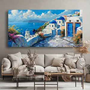 Canvas Wall Art Santorini Blue Architecture Modern Abstract Painting, Solid Wood Frame Picture Living Room Bedroom Office Home Decor High Quality Print on Canvas, Wall Decor.