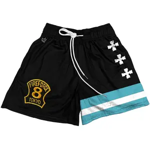 Tokyo 8 Embroidered Fire Force Unisex Sports Double-Layered Inner Shorts Full Print Drawstring Design Men Women Mesh Basketball Shorts 4 Pockets 5.5 Inseam
