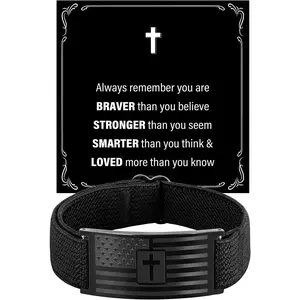 Bracelets for Men Boys - Patriotic  Flag Cross Bracelet - Adjustable Black Elastic Stretch Strap  Verse Bracelets -  to School, Birthday Gifts for Men