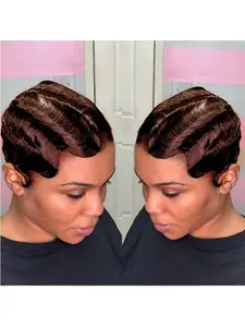 Women's Brazilian Human Hair Curly Pixie Cut Wig, Short Straight 613 Blonde Color, Full Machine Made Synthetic Fiber for Daily Wear