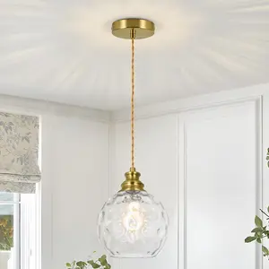 Modern Globe Pendant Light, Clear Hammered Glass Ceiling Light, Height Adjustable for Kitchen Dining Room, Black/Gold/Nickel, E26，Bulb not included