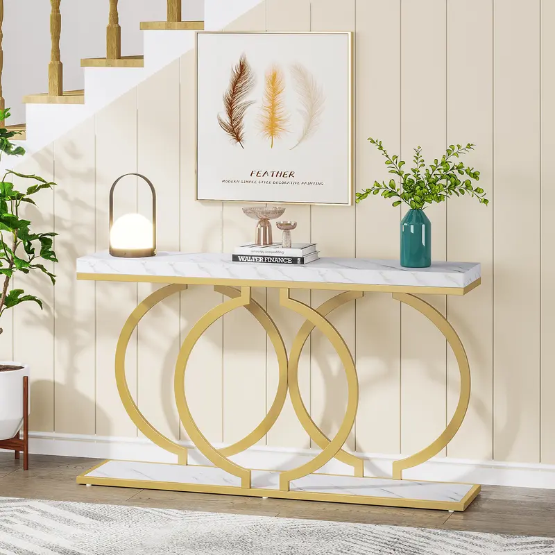 LITTLE TREE Gold Console Table, 55 inch Faux Marble Entryway Table Narrow Long Sofa Table, Modern Accent Table for Living Room, Entrance Table Geometric Metal Frame