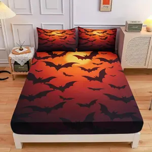 3-Piece Comfortable Halloween Bat Night Sky Bed Hat Set, High-Definition Digital Printing, Soft And Breathable, 100% Polyester Fiber, Perfect Gift For All Seasons, Suitable For Family And Friends. Clearance Sale