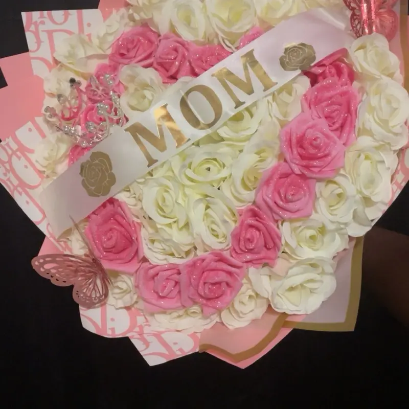 Pink and White Artificial Rose Bouquet - Floral Arrangement with White and Pink Roses, Includes "MOM" Banner and Decorative Elements