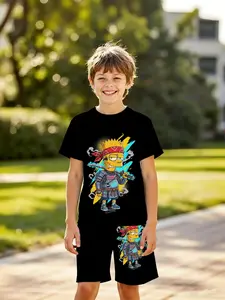 Boys' 3D Short Sleeve Set, Street Style Cool Simpson Warrior Scene Print, Casual Two-Piece, Perfect for Outdoor, Holiday Gifts
