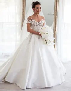 C2023-SS046 traditional short sleeve sheer lace ball gown wedding dress