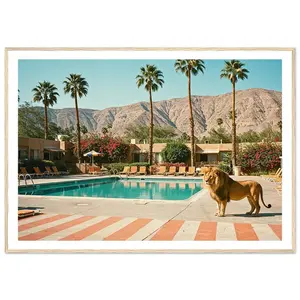 [SALE UP TO 50% + FREE SHIP] Lion by Pool Print - Palm Springs Retro Framed Fine Art Photography - Desert Hotel Poolside Wall Art - Luxury Animal Wall Decor