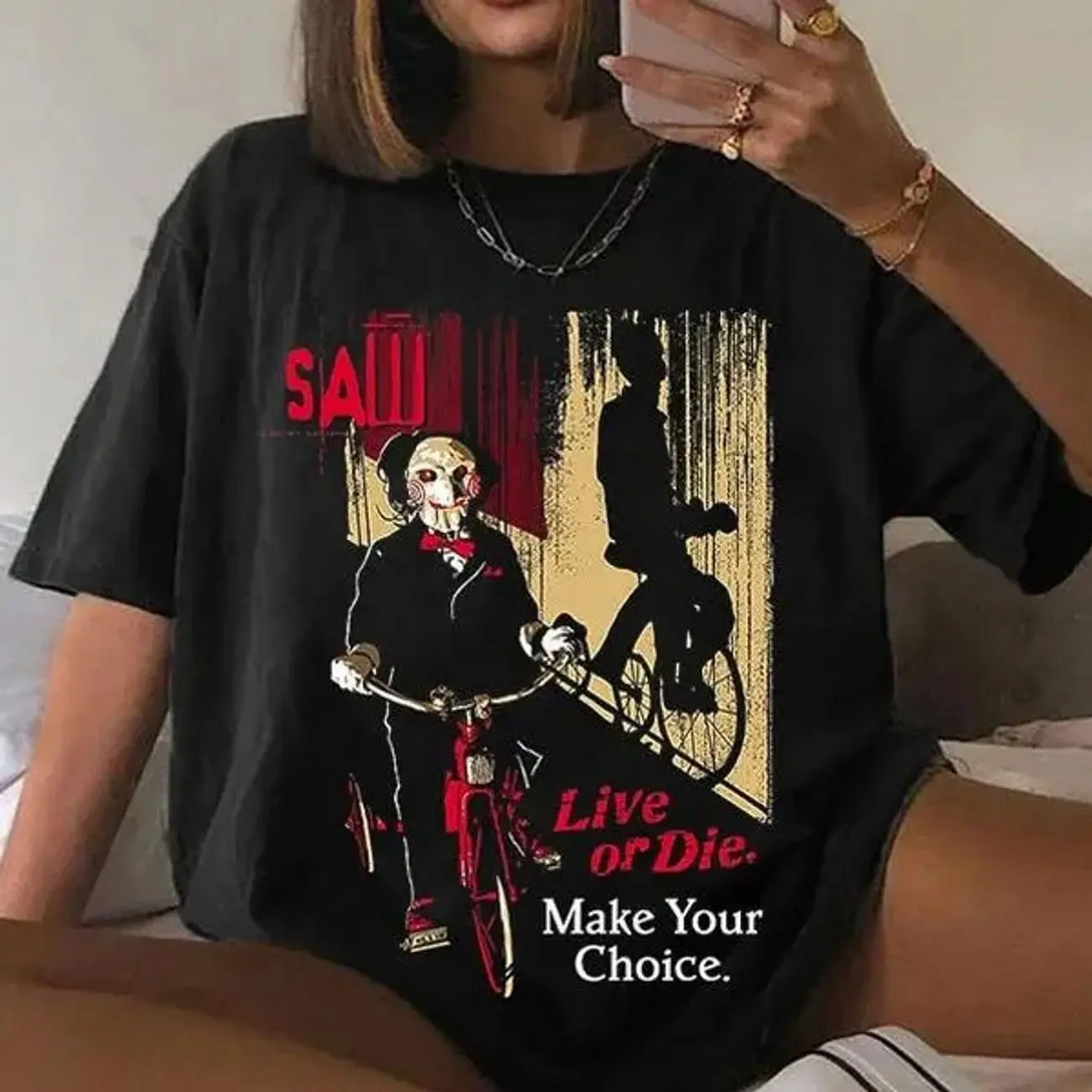 Saw Horror Movie Retro 90's T-Shirt, Scary Movie Shirt, Saw Reverse Bear Trap Movie Promo Shirt, 90s Saw Horror Movie Hoodie. QO1