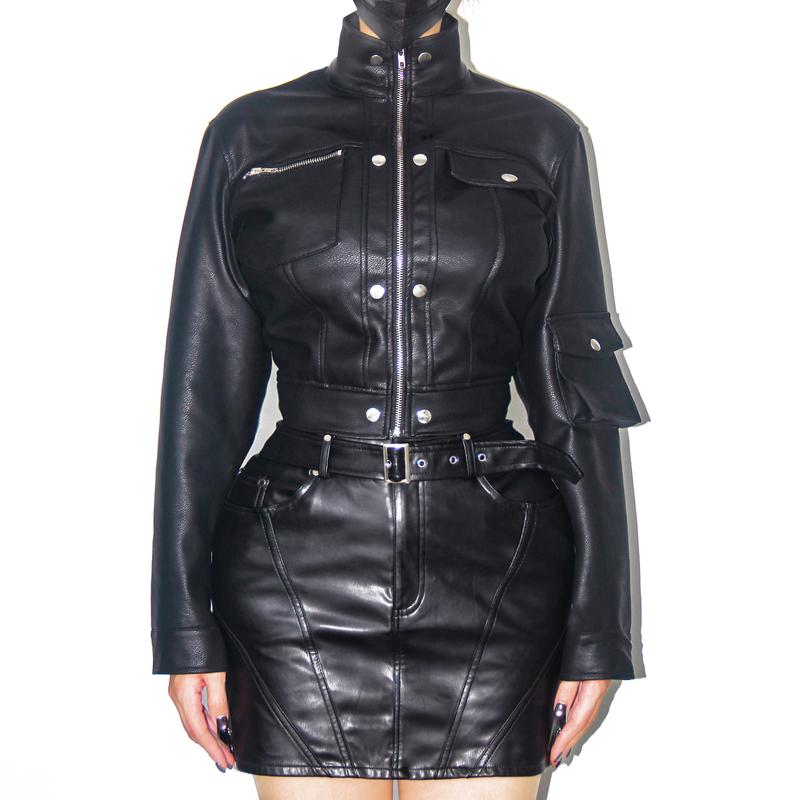 Women's Black Flap Pocket Crop Faux Leather Jacket Fashion Daliy Wear