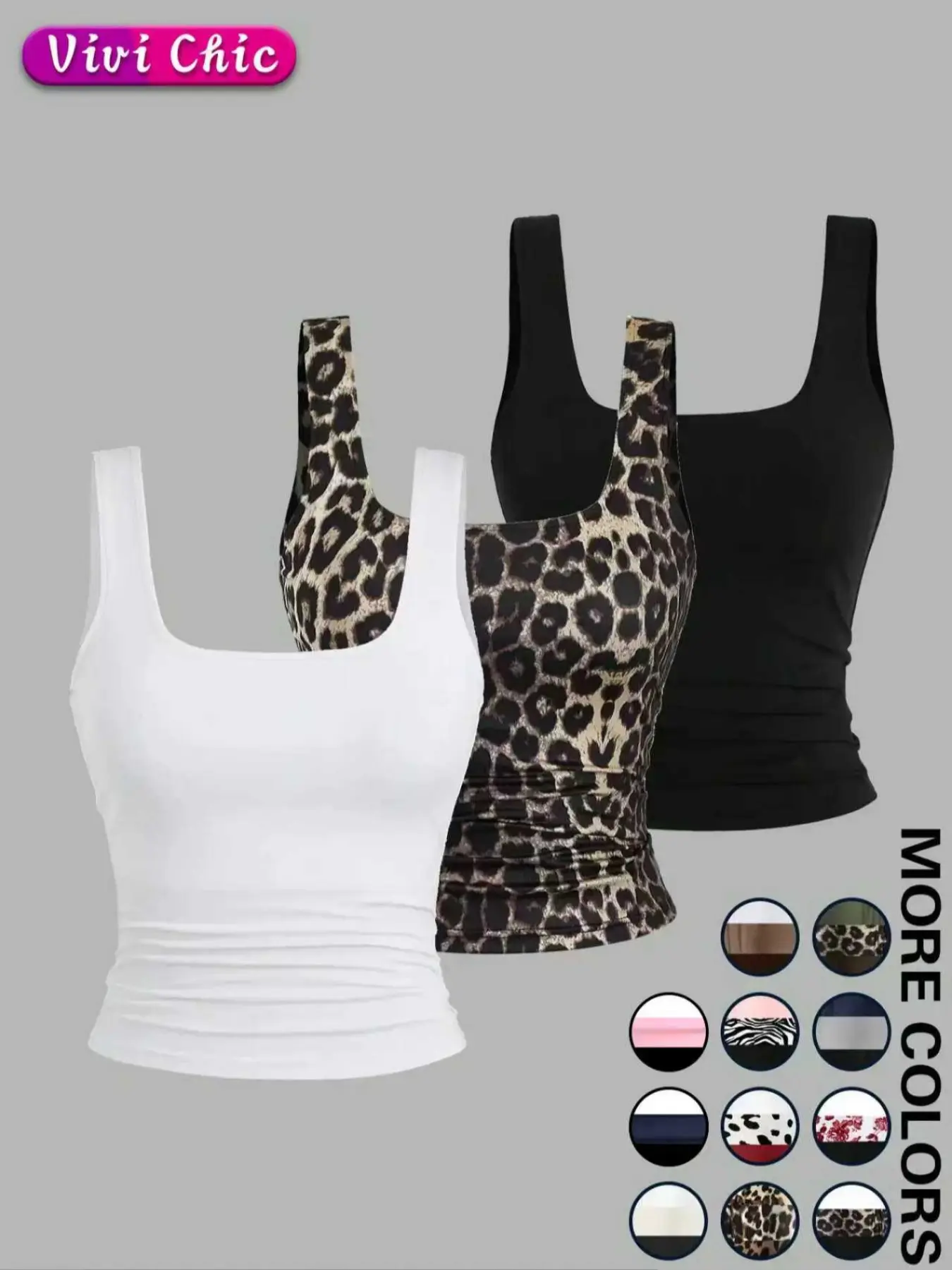 Women's Solid / Leopard Print Square Neck Soft Knit Basic Fit Tank Top, Casual Sleeveless Top for Daily Wear, Ladies Clothes for All Seasons