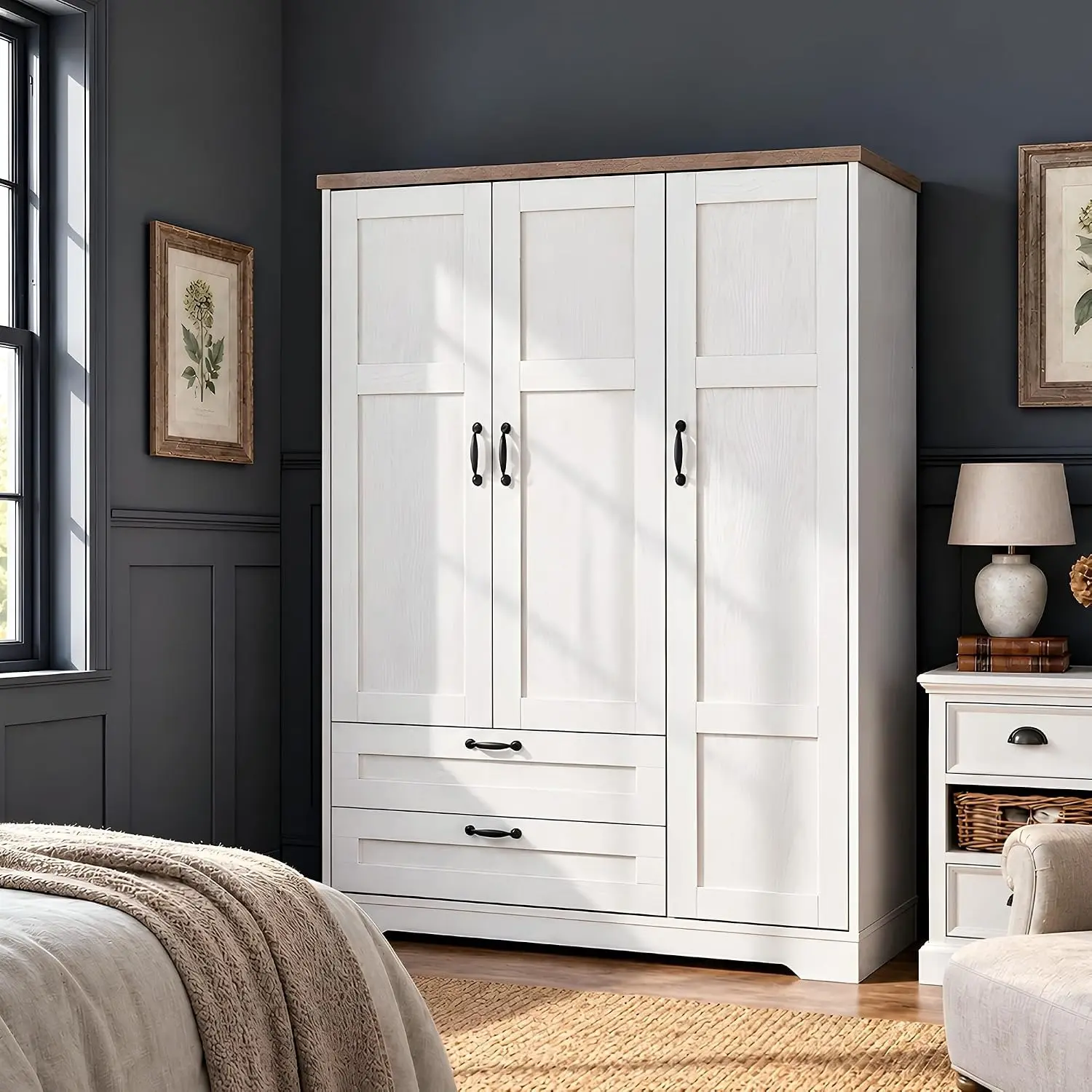 Yechen 3-Door Wooden Wardrobe Armoire - Farmhouse Style Cabinet with Drawers, Shelves, Mirror for Hanging Clothes/Coats, Large Storage for Bedroom (White, Natural, Grey, Walnut),familyfun