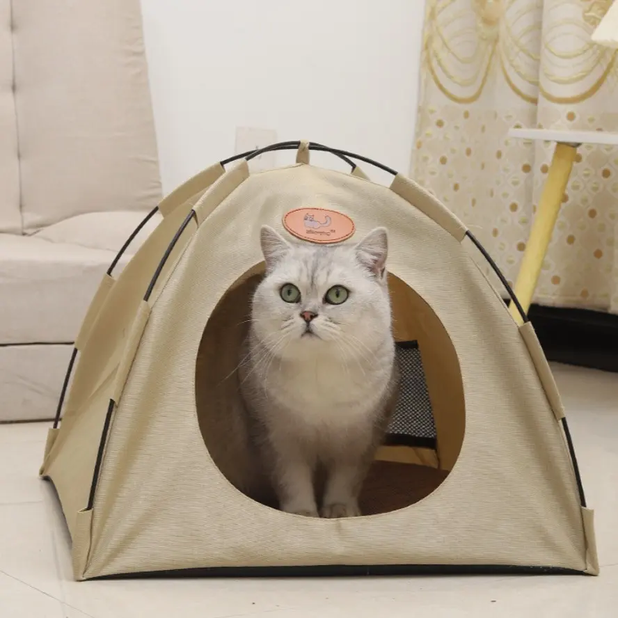 Half-Enclosed Foldable Pet Tent, Portable Pyramid Cat and Small Dog Bed with Pad, Indoor Outdoor Use, No Assembly Required