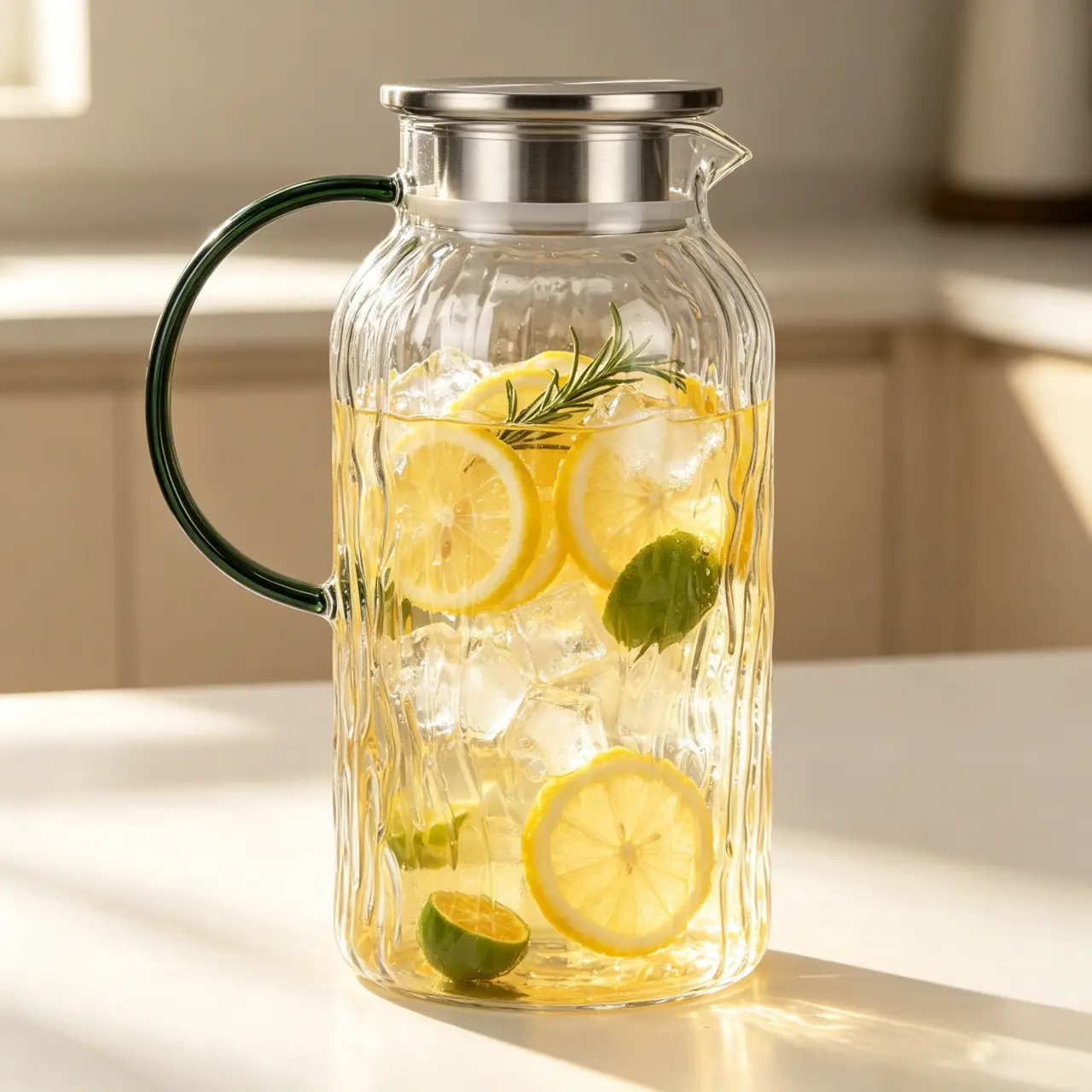 Modern 68oz Glass Pitcher with Lid and Spout, Heavy Duty Water Jug with Handle Borosilicate Heat Resistant Carafe for Hot/Cold Drinks for Iced Tea, Coffee, Lemonade, Infused Water