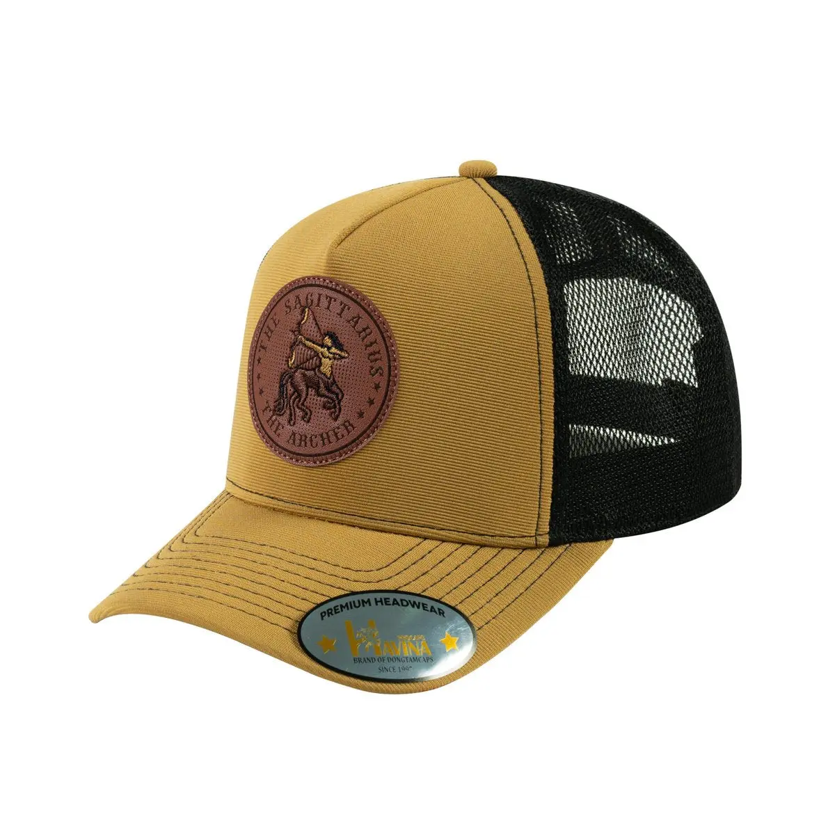 V2 Embroidered And Laser-Engraved Sagittarius Zodiac (November 22 - December 21) - 5 Panel Trucker Hat - Light Brown/Black