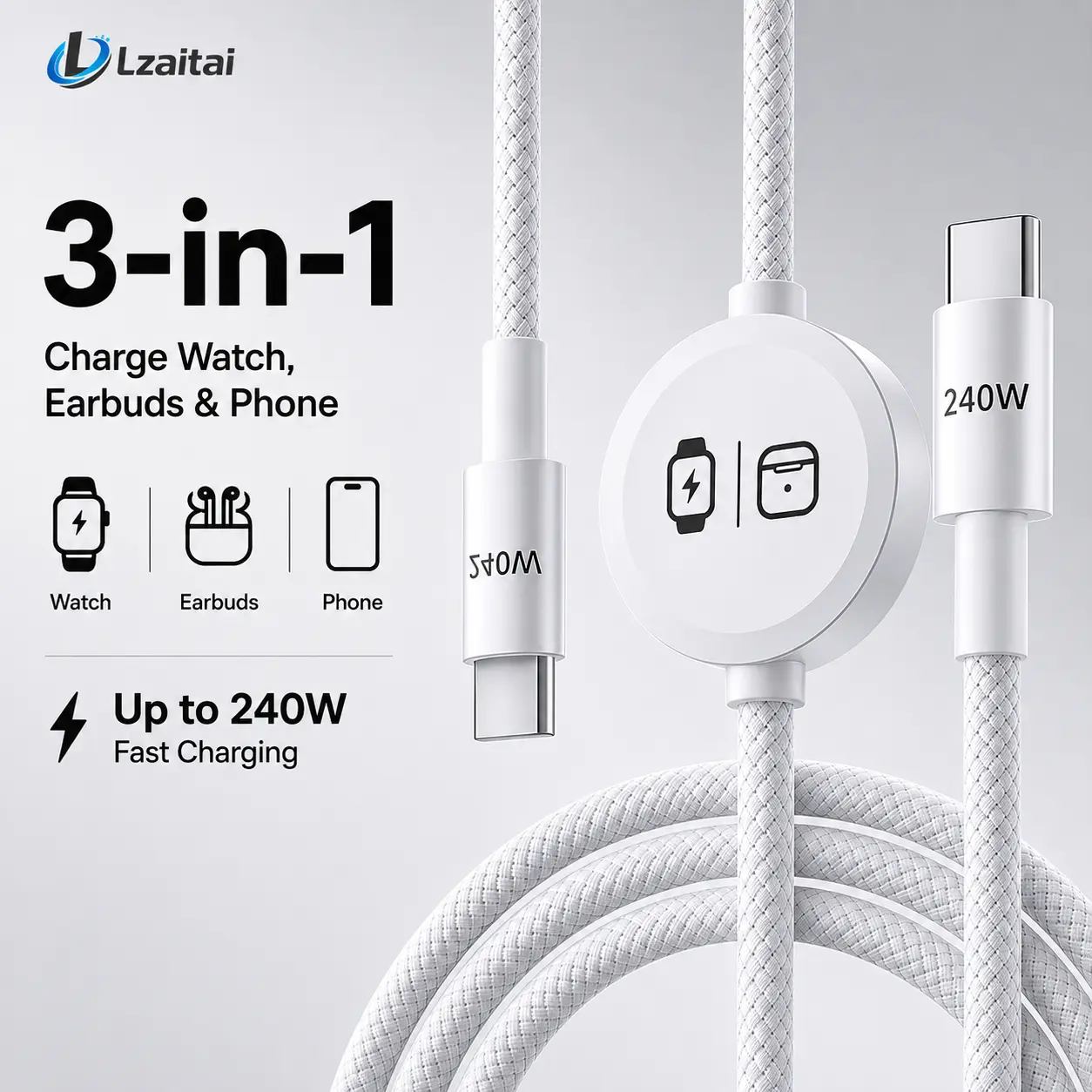 240W 3-in-1 5FT USB-C to USB-C Cable with Built-In Apple Watch Charger, Braided Travel Charging Cord, Compatible with Apple Watch Series/SE/Ultra, AirPods 3/4/Pro/Pro 2, iPhone, iPad, MacBook and Samsung