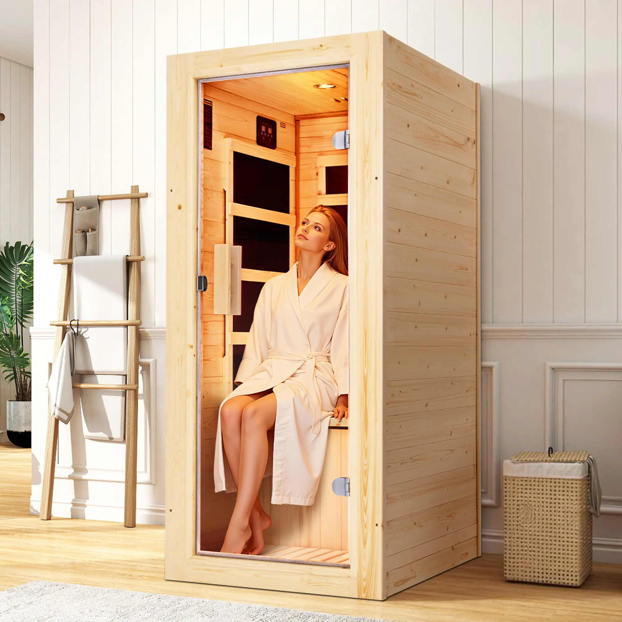 [Summerwins] [SummerFinds] AMERLIFE Infrared Sauna for 1/2/4 Person, Low EMF 930W/110V&1463W/110V&2145W/110V Hemlock Wood Sauna with Tourmaline Foot Warmer, 7-Color Light Therapy, Salt Crystal Bricks, Easy Assembly