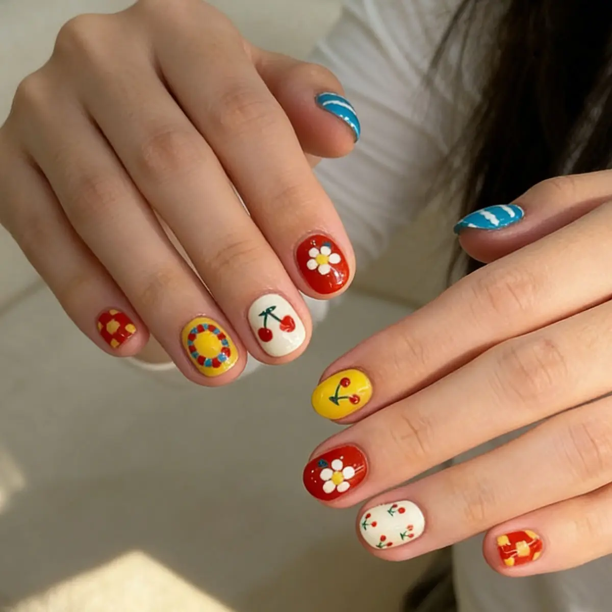 24pcs Wearable Nails Short Square Fake Nails Fun Color Block Design Cherry Daisy Cloud Patterns Flower Nails Nail Art Accessories Nail Art Products
