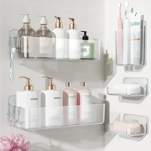 Nieifi 5-in-1 Clear Adhesive Shower Shelves with Soap Dish & Toothbrush Holder, No-Drilling Bathroom Organizer Set (Renter-Friendly, Rust-Free ABS) Vanity Container