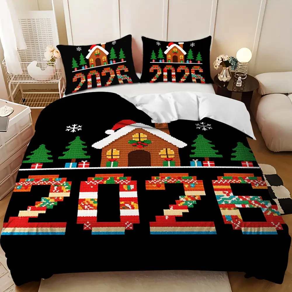 Bedding 3-piece set - 3PCS - Merry Christmas Red and Green 2026 Gingerbread House Design Down Comforter Set (1 comforter cover + 2 pillowcases, filling not included) .Soft and comfortable, suitable for family bedrooms.