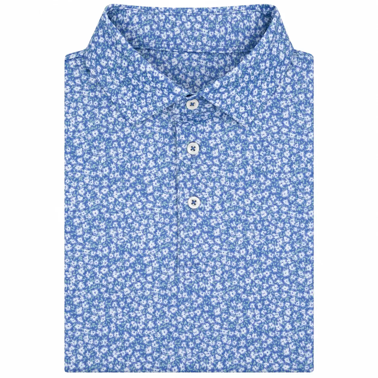 Blue Floral Polo Shirt for Men, Lightweight Moisture-Wicking Golf Polo, Short Sleeve Casual Athletic Shirt