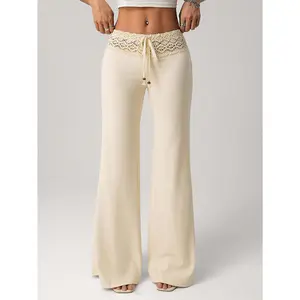 Women's White Knit Waistband With Beaded Drawstring Straight Loose Casual Resort Pants