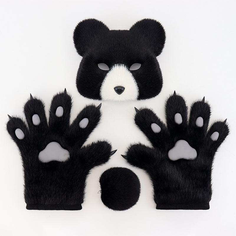 Furry Black Bear Cosplay Set – Plush Bear Mask, Paw Gloves & Tail for Halloween, Costume Parties & Cosplay Events