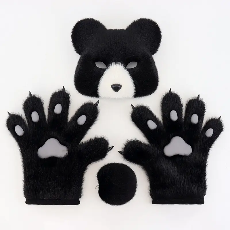 Furry Black Bear Cosplay Set – Plush Bear Mask, Paw Gloves & Tail for Halloween, Costume Parties & Cosplay Events