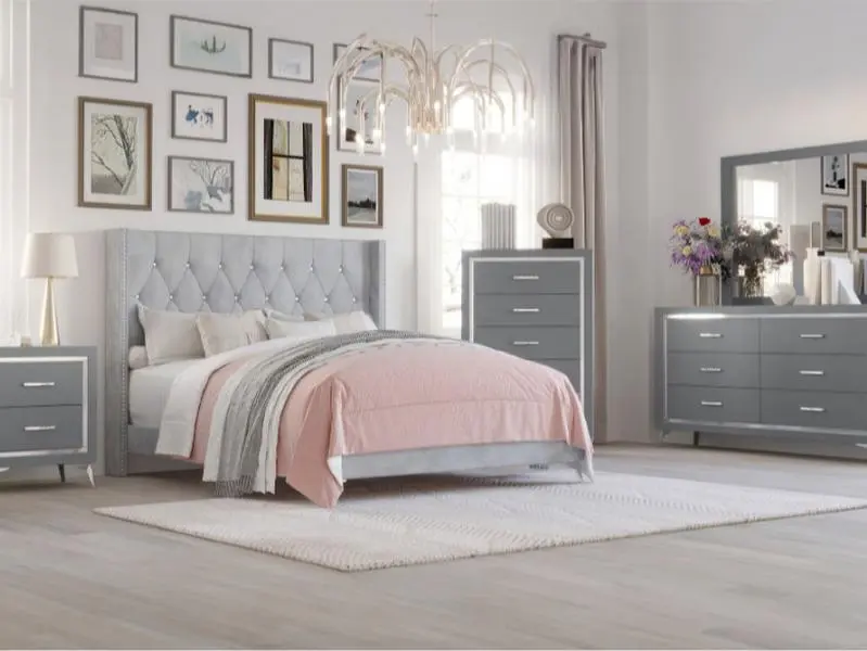 00-3365G-4PC 4 pc Huxley grey finish wood grey fabric upholstered tufted headboard queen bed set silver accents