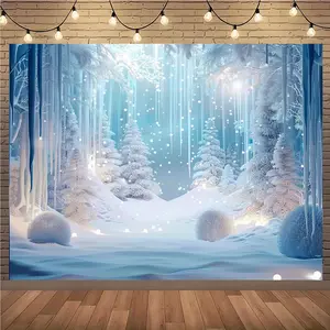 1pc Ice and Snow World Photography Backdrop Christmas Winter Frozen Snow Scene Polyester Photo Studio Prop for Indoor Outdoor Party Decorations Banners Ornaments