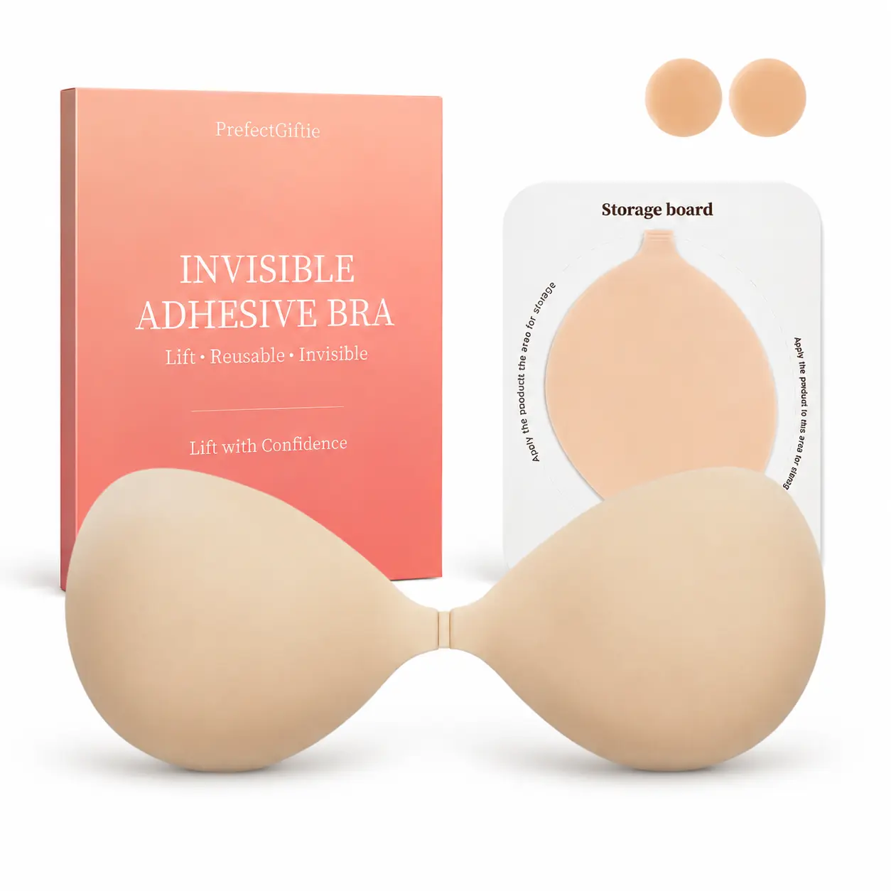 Invisible Strapless Sticky Bra for Women, Push Up Adhesive Bra for Backless Dress, Seamless Nipple Covers, Nude