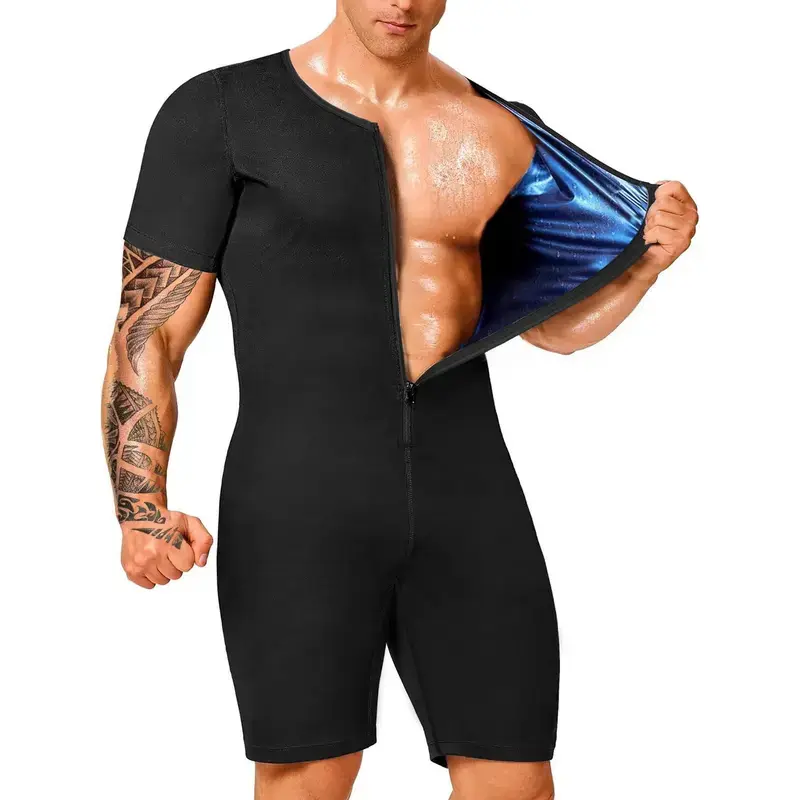 Men's Full Body Heat-Trapping Sauna Suit, Short-Sleeve Zippered 1-Piece Sweat-Enhancing Bodysuit with Tummy Control Compression Waist Trainer, Professional Athletic Activewear for Gym Fitness Training Gifts