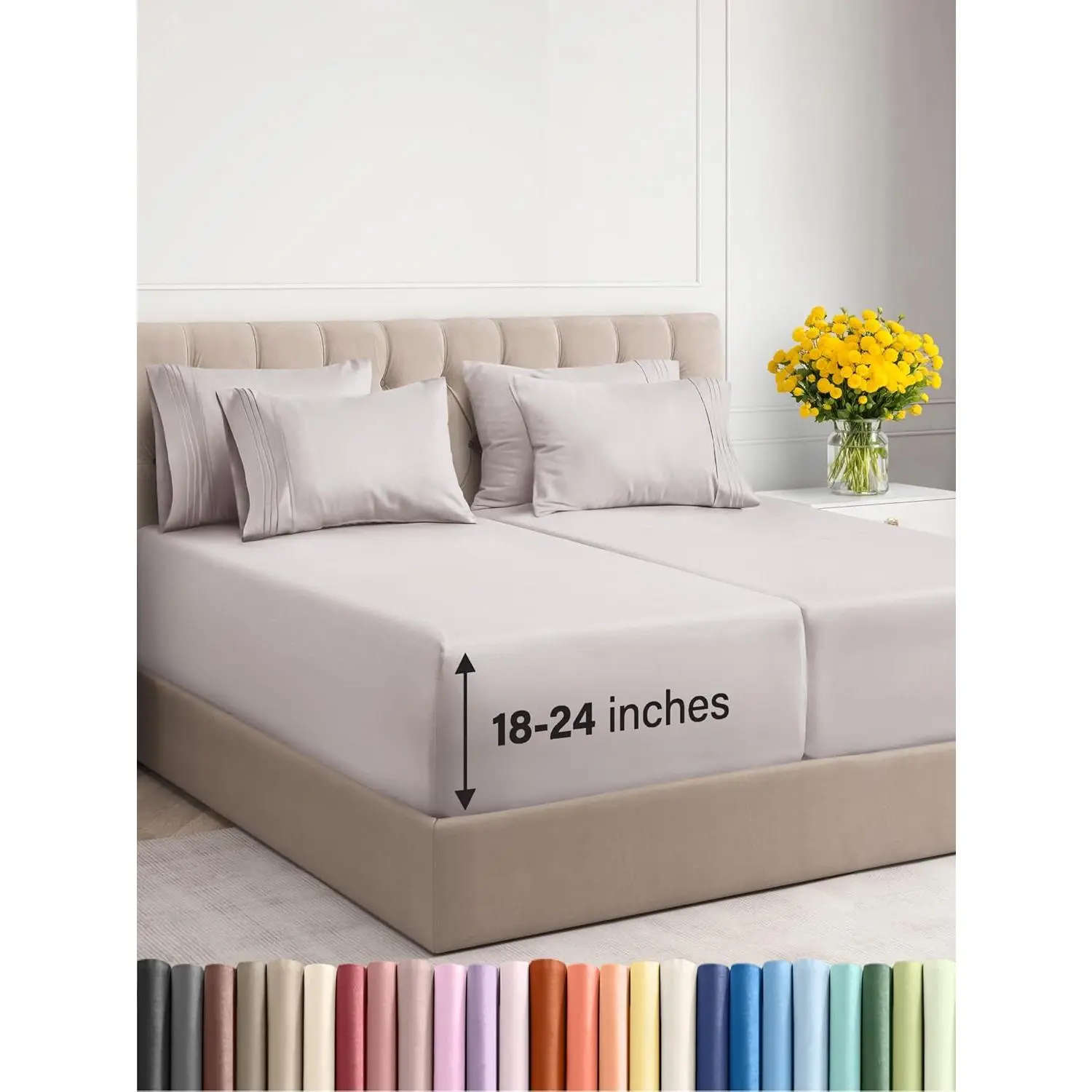 Extra Deep Split King Sheet - 7 Cooling -/18-24 Inch Extra Deep Pockets - Easy Fit,, Wrinkle Free - Light Grey, Split King Size Extra Deep Split King Sheet - 7 Cooling -/18-24 Inch Extra Deep Pockets - Easy Fit,, Wrinkle Free - Light Grey, Split King Size