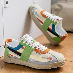 CORASUN Men's Retro Leather and Mesh Spliced Casual Sneakers, Breathable Lightweight Walking Shoes for Office, School and Daily Travel, White/Blue