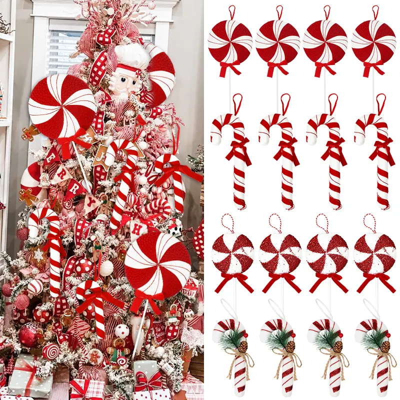 Large Red-White Christmas Candy Cane Ornaments, Xmas Tree Hanging Lollipop Pendants, 2024 Navidad Home Supplies, Decorating Essentials, New Year Gift Item