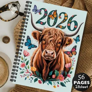 1 2026 Monthly Planner and Academic Calendar, Highland Cow and Butterfly Cover - Monthly Agenda, To-Do List, 14.5 x 21 cm (5.7 x 8.1 in) Notebook, Suitable for College and Personal Organization - Elegant Design
