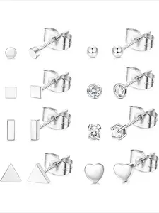 8Pairs Silver Tiny Stud Earrings for Women Men 3mm Round CZ Ball Stud Earrings Geometric Bar Dot Square Triangle Small Earrings Set
