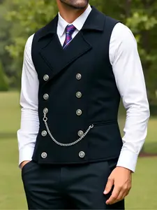 Men's Solid Color Double Breasted Suit Vest with Chains, Regular Fit Casual Classic Retro Style Sleeveless Button Front Vest for Wedding Party, Fashion Men's Clothes for All Seasons, Menswear