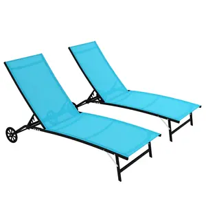 Outsunny Chaise Lounge Outdoor, 2 Piece Lounge Chair with Wheels, Tanning Chair with 5 Adjustable Positions for Patio, Beach, Yard, Pool, Blue